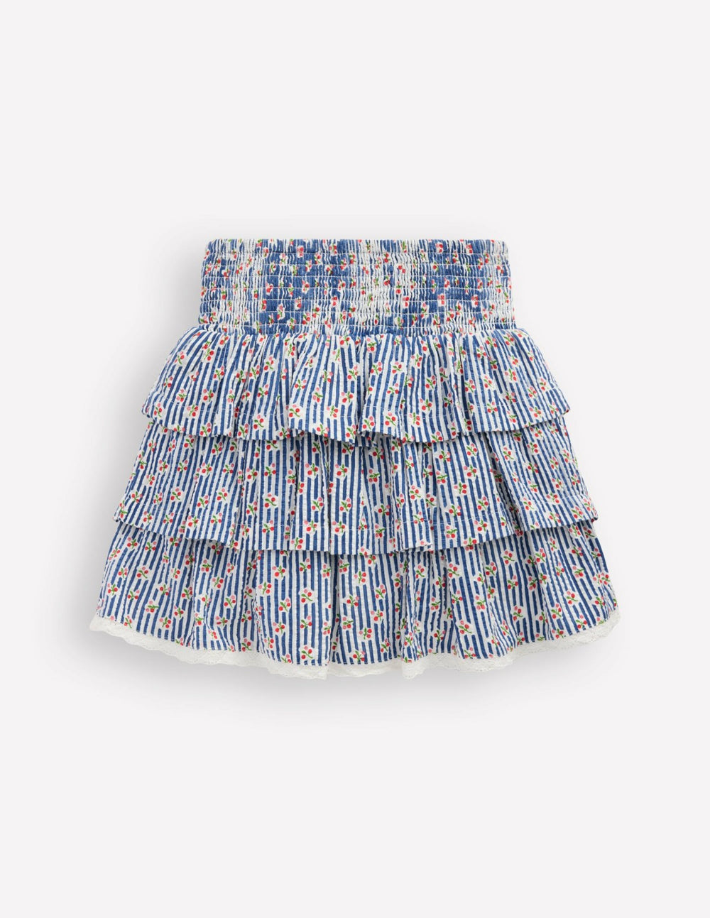 Smocked Waist Ruffle Skirt-Bluejay Cherry Stripe / Boden Outlet