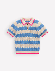 Pointelle Knitted Polo Top-Wave Blue / Boden Discount