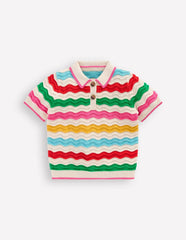Pointelle Knitted Polo Top-Ecru Marl Multi Wave / Boden us