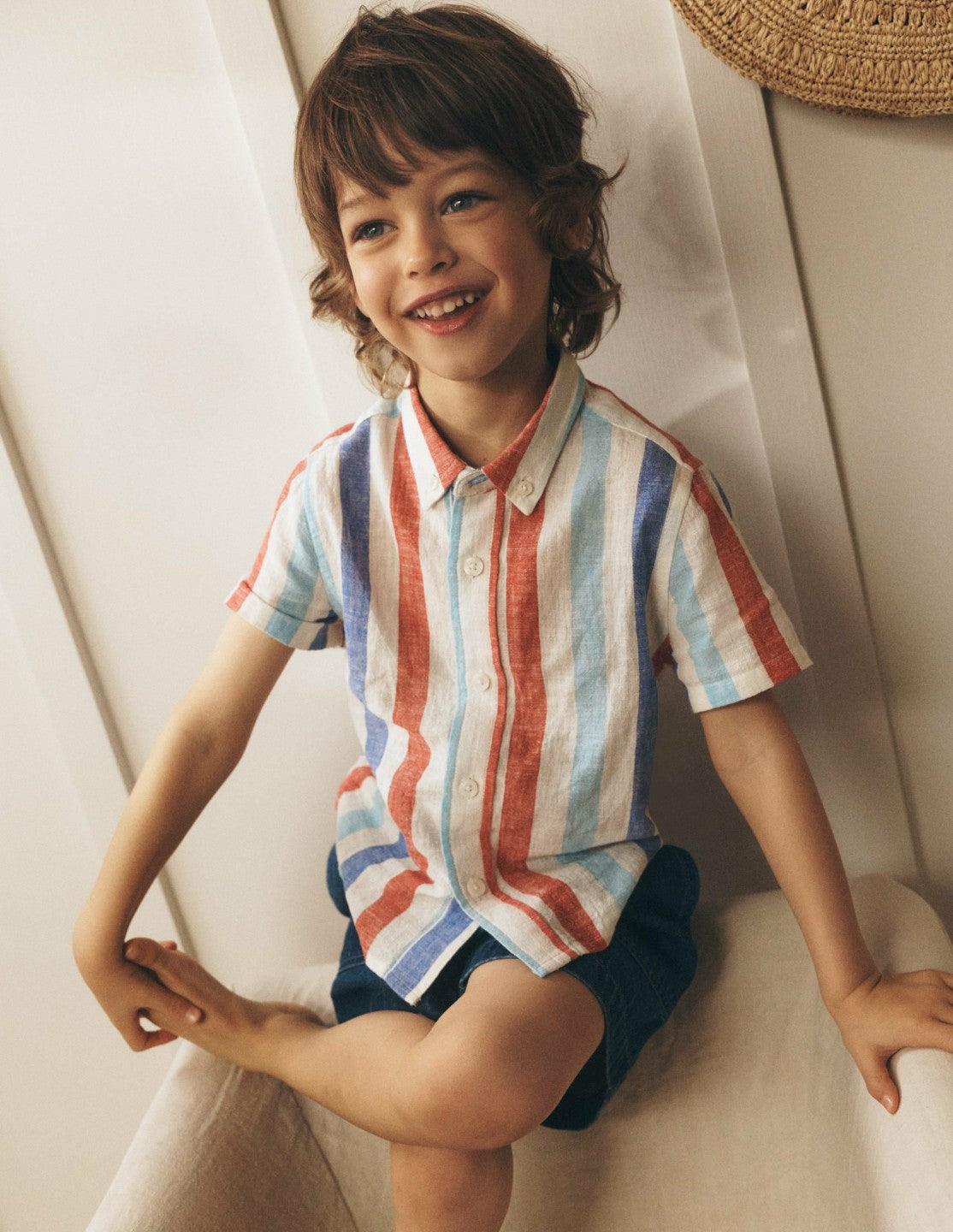 Cotton Linen Shirt-Blue and Red Stripe / Boden Discount