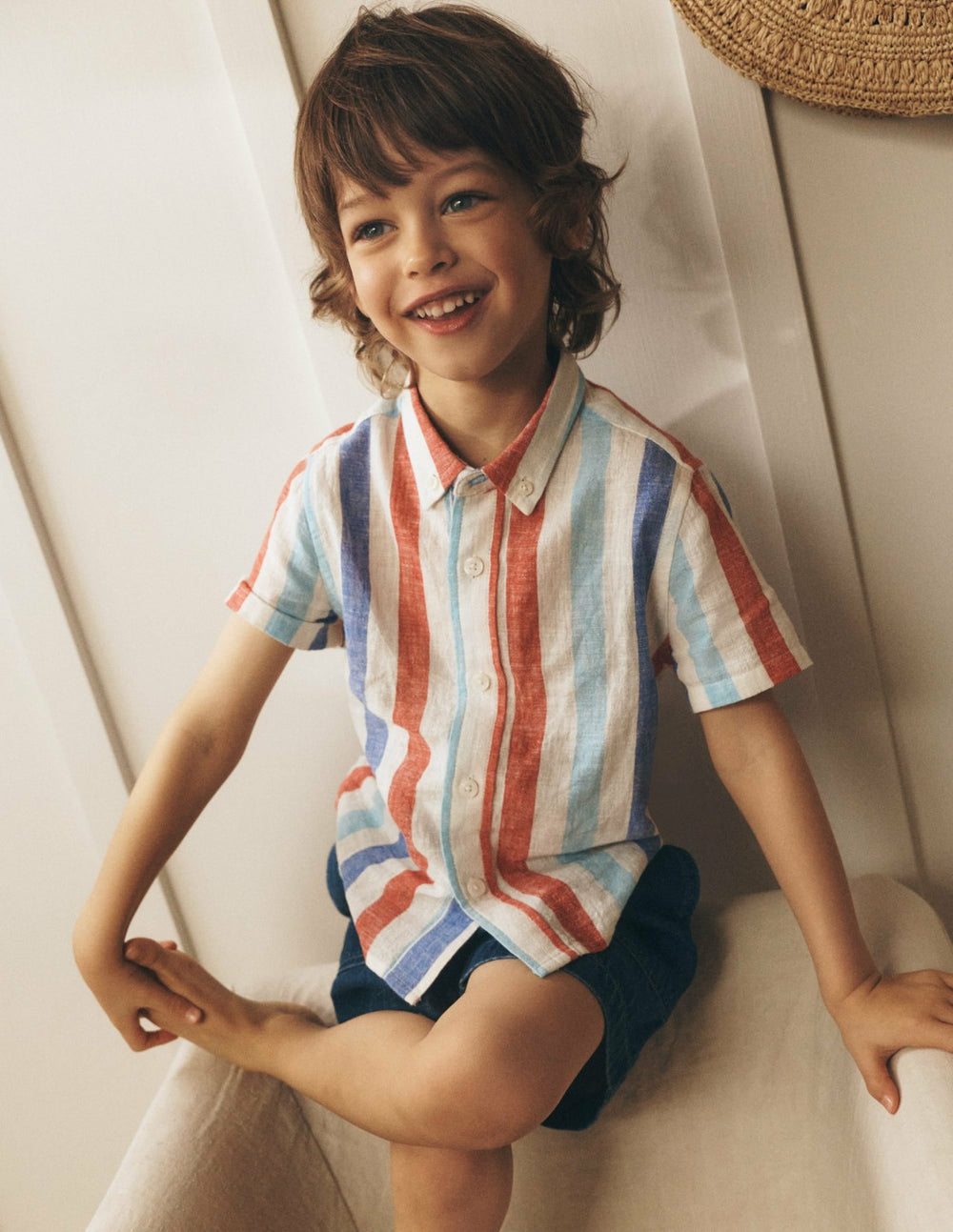 Cotton Linen Shirt-Blue and Red Stripe / Boden Discount