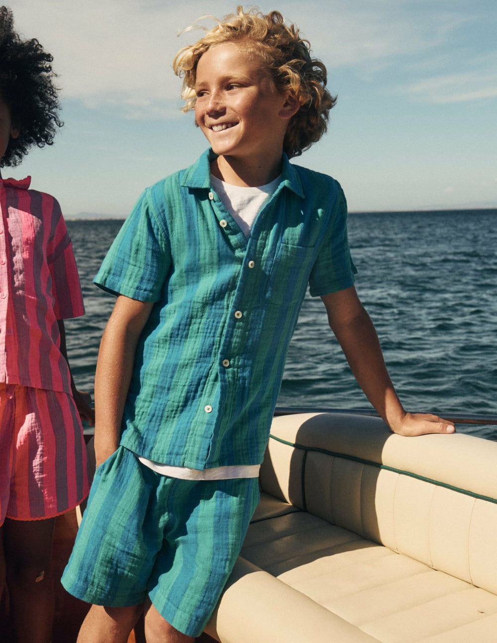 Double Cloth Shorts-Green and Blue Stripe / Boden Discount