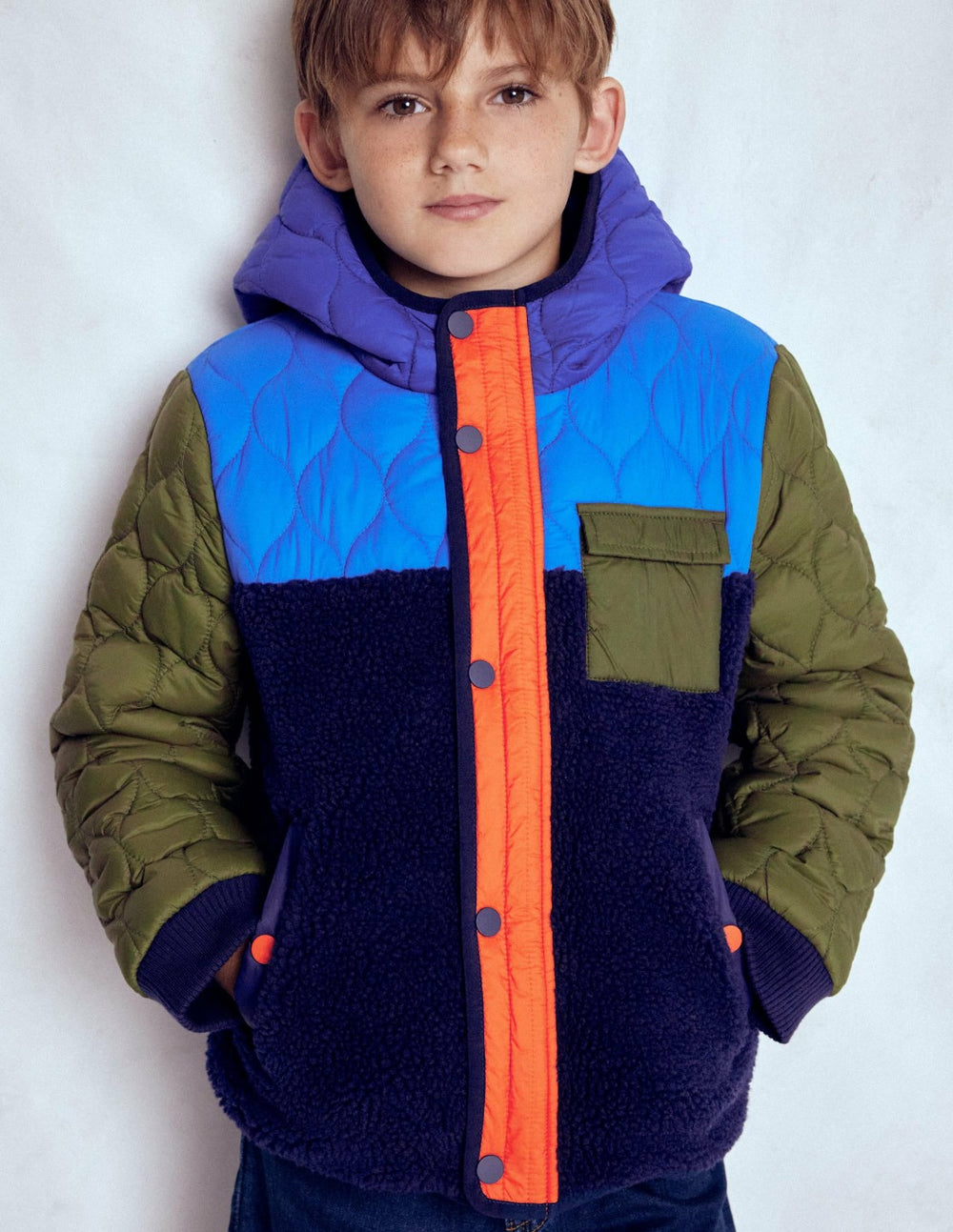 Quilted Borg Jacket-Classic Khaki Colourblock / Boden Discount