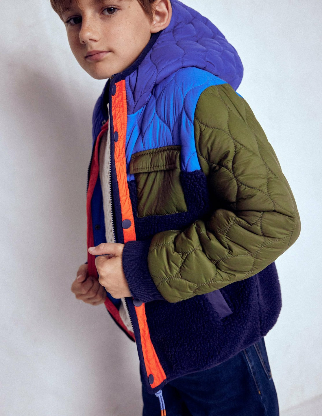 Quilted Borg Jacket-Classic Khaki Colourblock / Boden Discount