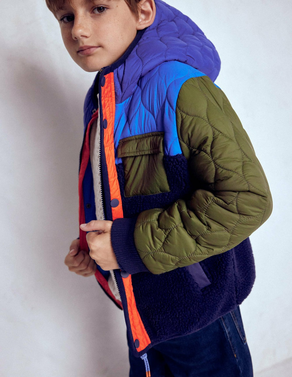 Quilted Borg Jacket-Classic Khaki Colourblock / Boden Discount