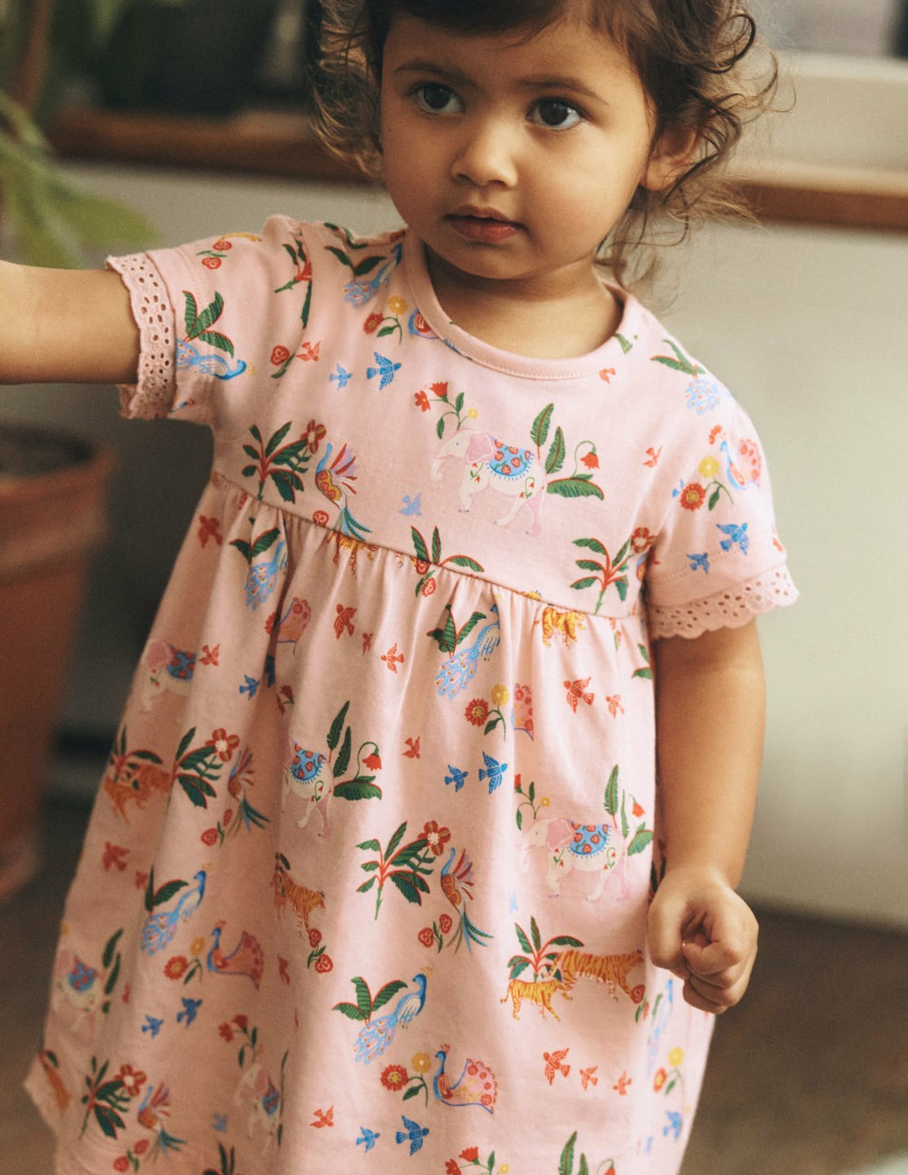 Broderie Trim Jersey Dress-Pink Tropical Animals / Boden Online