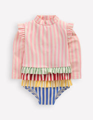 Long Sleeve Frill Swimsuit-Hotchpotch Stripe / Boden Outlet