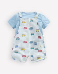 Short Woven Overalls Set-Silver Lake Blue Camper Vans / Boden Discount