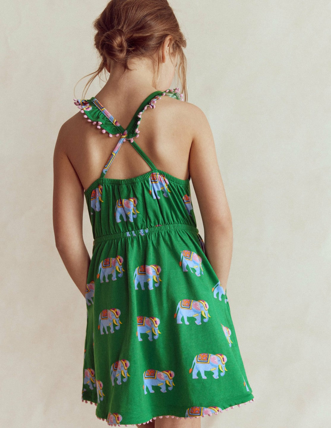 Ruffle Neck Trim Dress-Highland Green Elephants / Boden Online