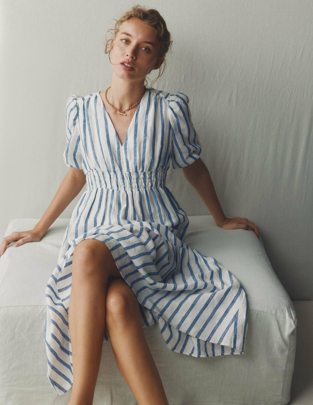 Irene Linen Midi Dress-Blue Stripe / Boden Discount