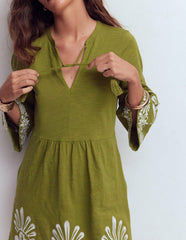 Short Kaftan Jersey Dress-Khaki Embroidered / Boden