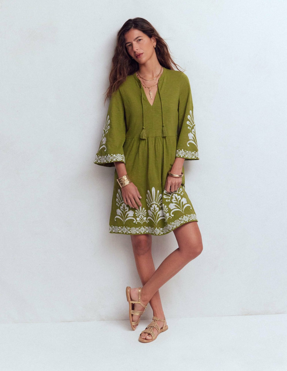 Short Kaftan Jersey Dress-Khaki Embroidered / Boden