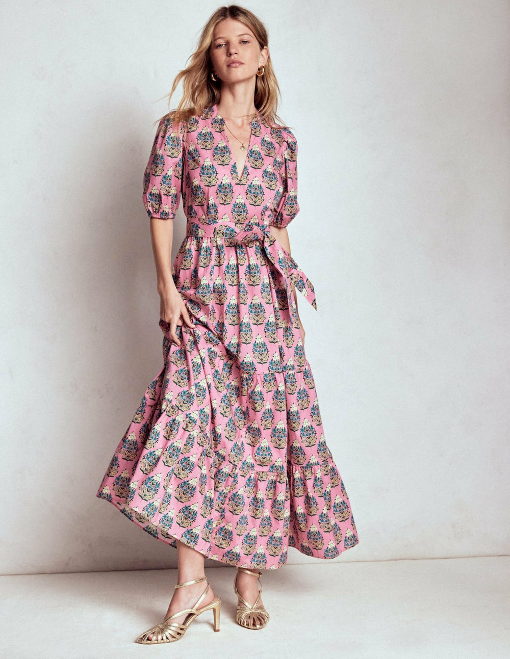 Christabel Cotton Midi Dress-Pink, Wildflower Bouquet / Boden Sale