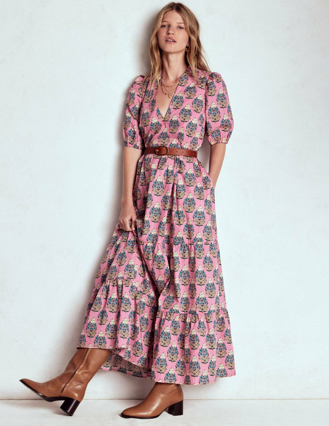 Christabel Cotton Midi Dress-Pink, Wildflower Bouquet / Boden Sale
