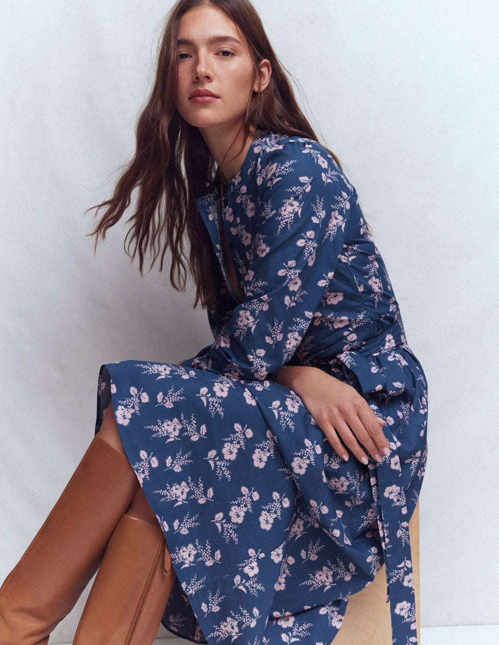 Ava Cotton Midi Dress-Denim Blue, Blossomy Sprig / Boden Outlet