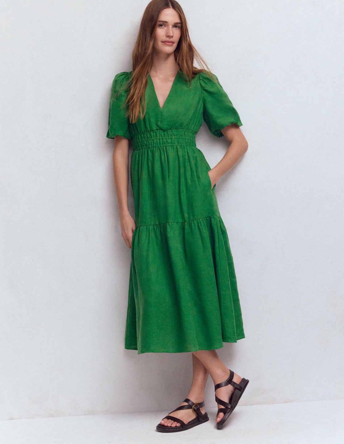 Irene Linen Midi Dress-Highland Green / Boden us