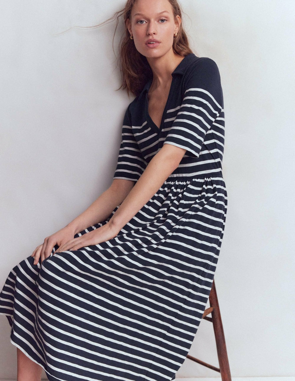 Aria Collared Jersey Dress-Navy, Ivory Stripe / Boden Outlet