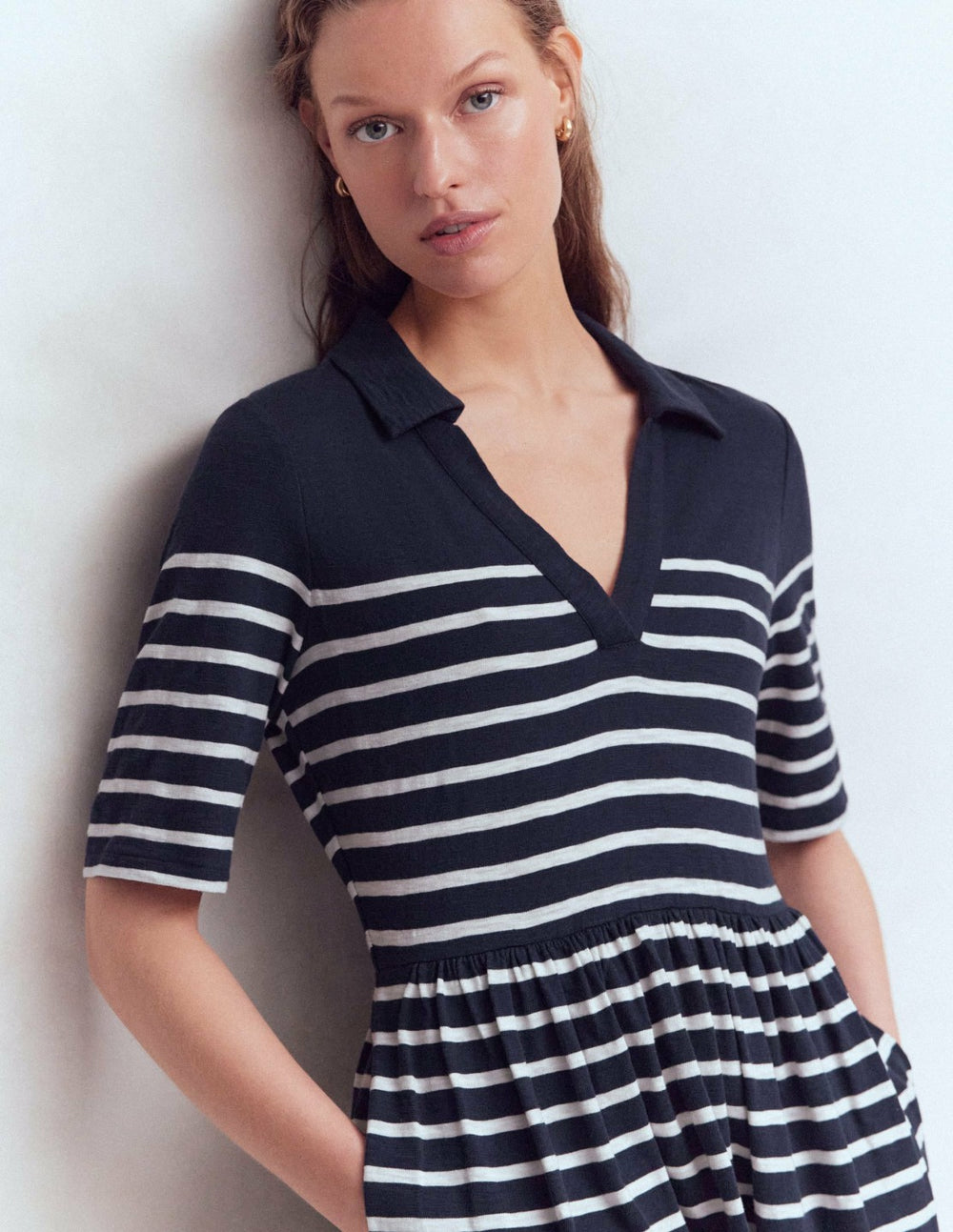 Aria Collared Jersey Dress-Navy, Ivory Stripe / Boden Outlet