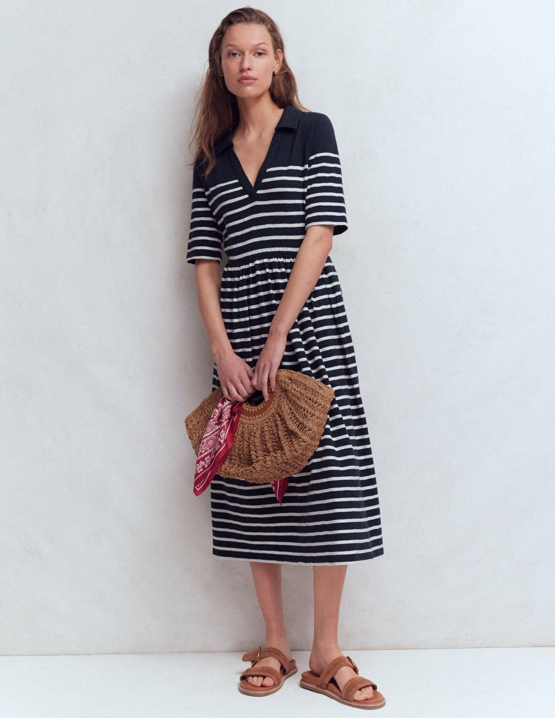 Aria Collared Jersey Dress-Navy, Ivory Stripe / Boden Outlet