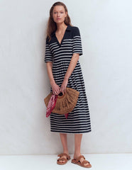 Aria Collared Jersey Dress-Navy, Ivory Stripe / Boden Outlet