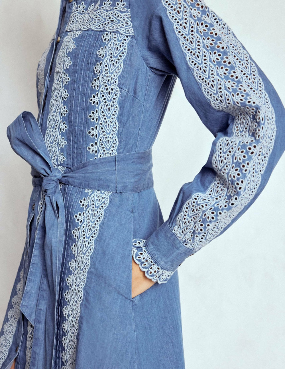 Ruffle Placket Chambray Dress-Light Blue Chambray / Boden On sale