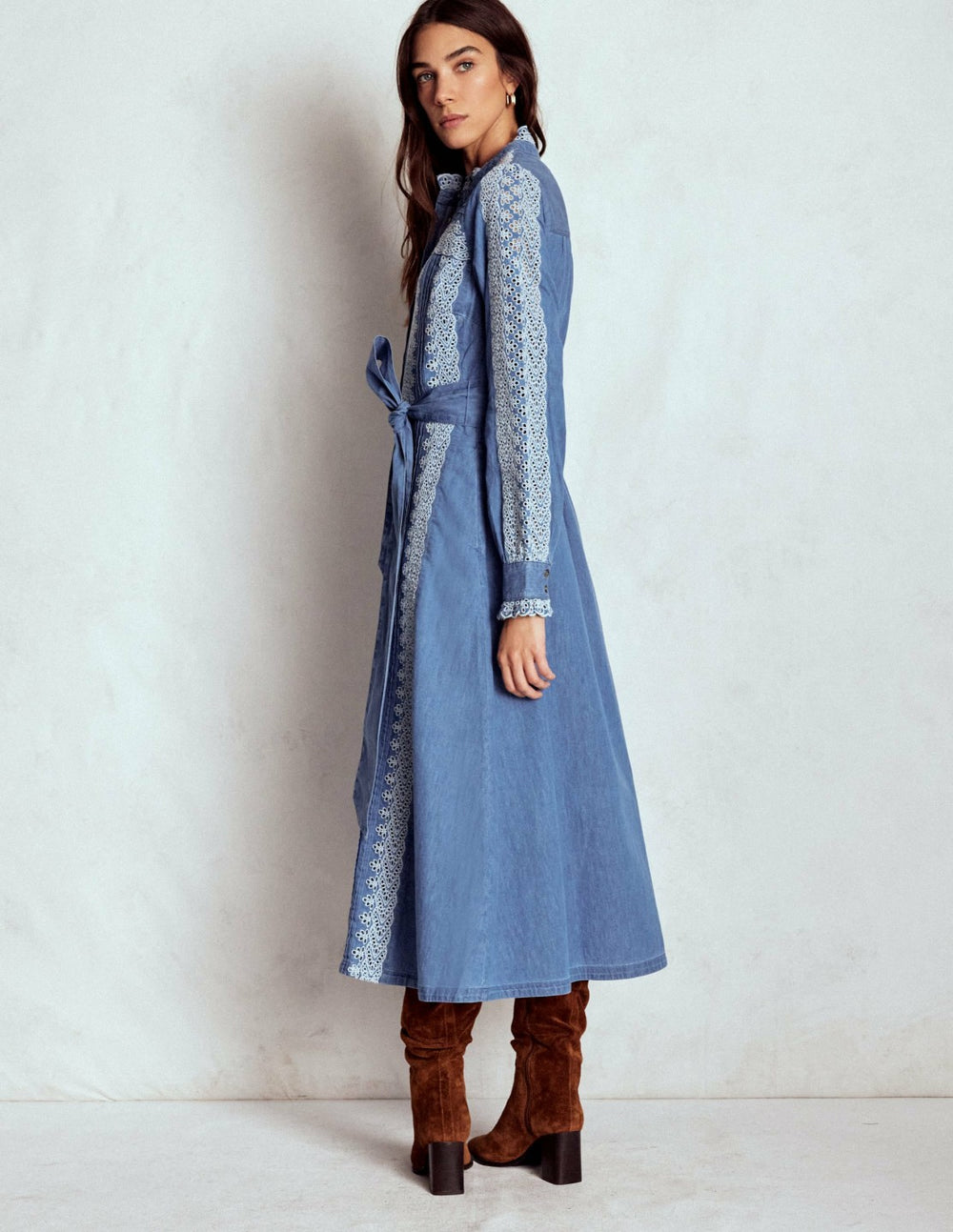 Ruffle Placket Chambray Dress-Light Blue Chambray / Boden On sale