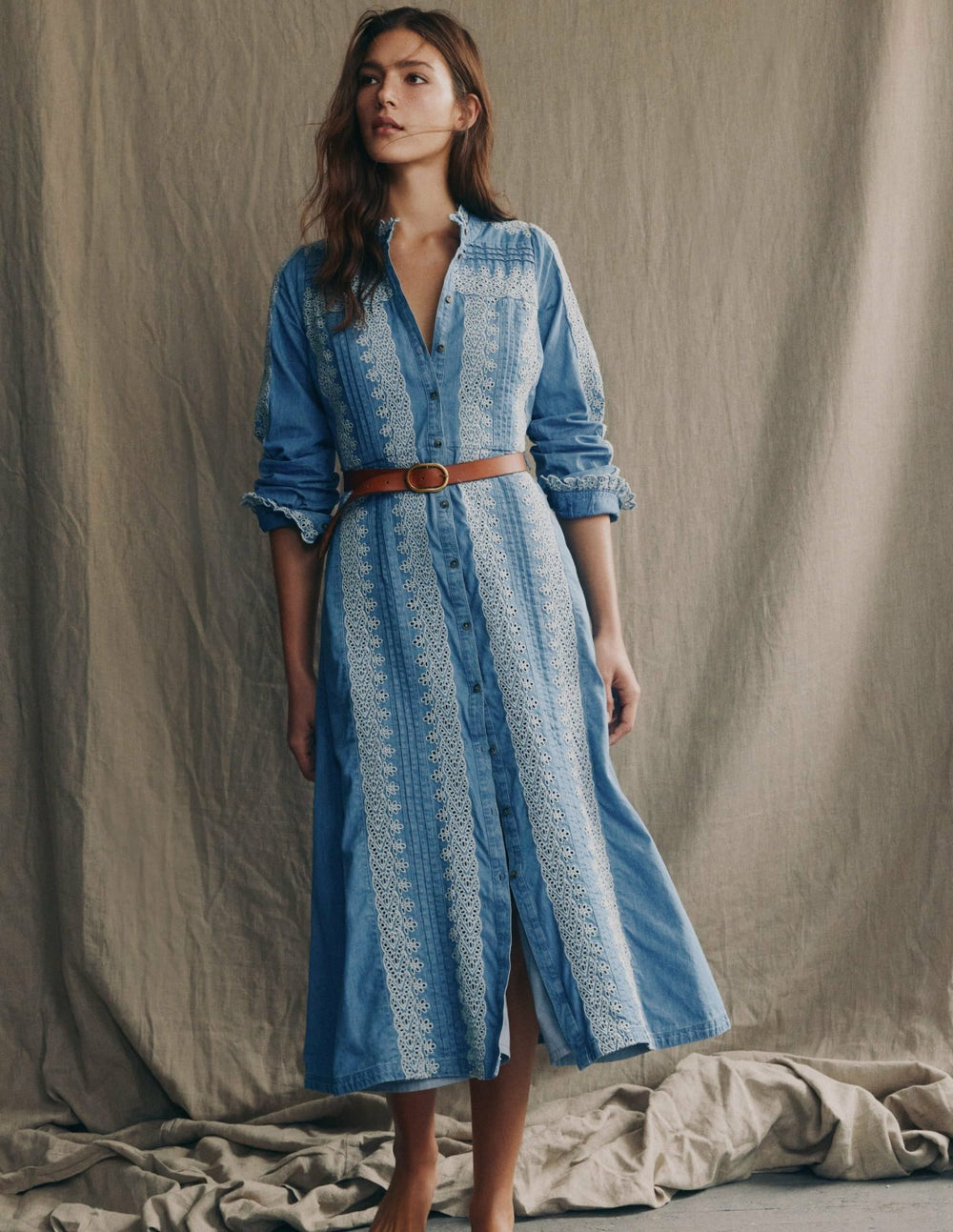 Ruffle Placket Chambray Dress-Light Blue Chambray / Boden On sale