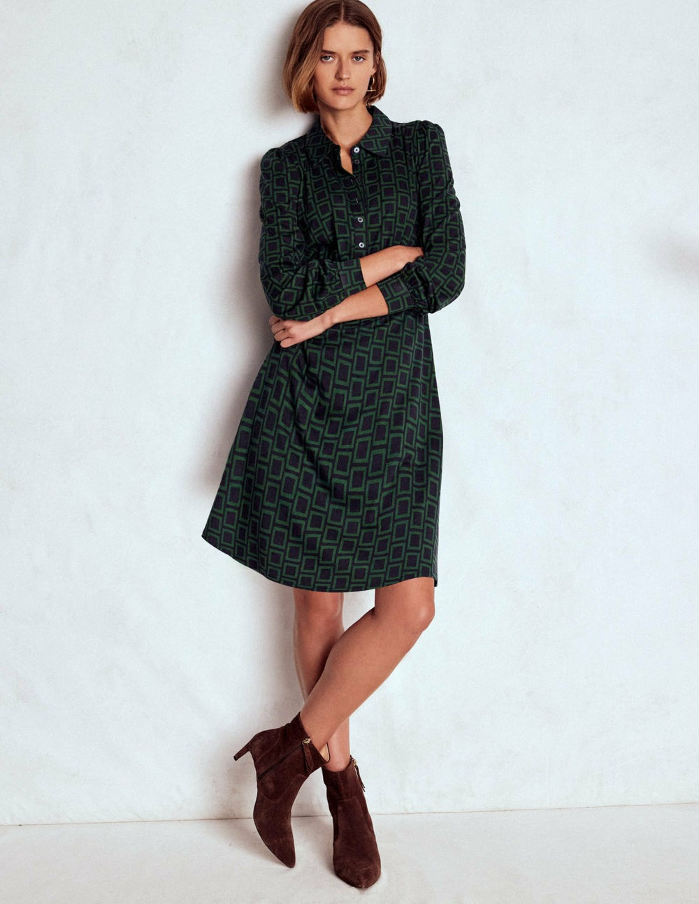 Orla Short Jersey Shirt Dress-Dark Green, Square Geometric / Boden