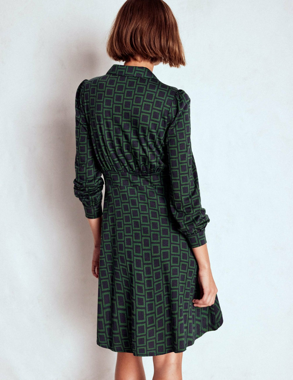 Orla Short Jersey Shirt Dress-Dark Green, Square Geometric / Boden