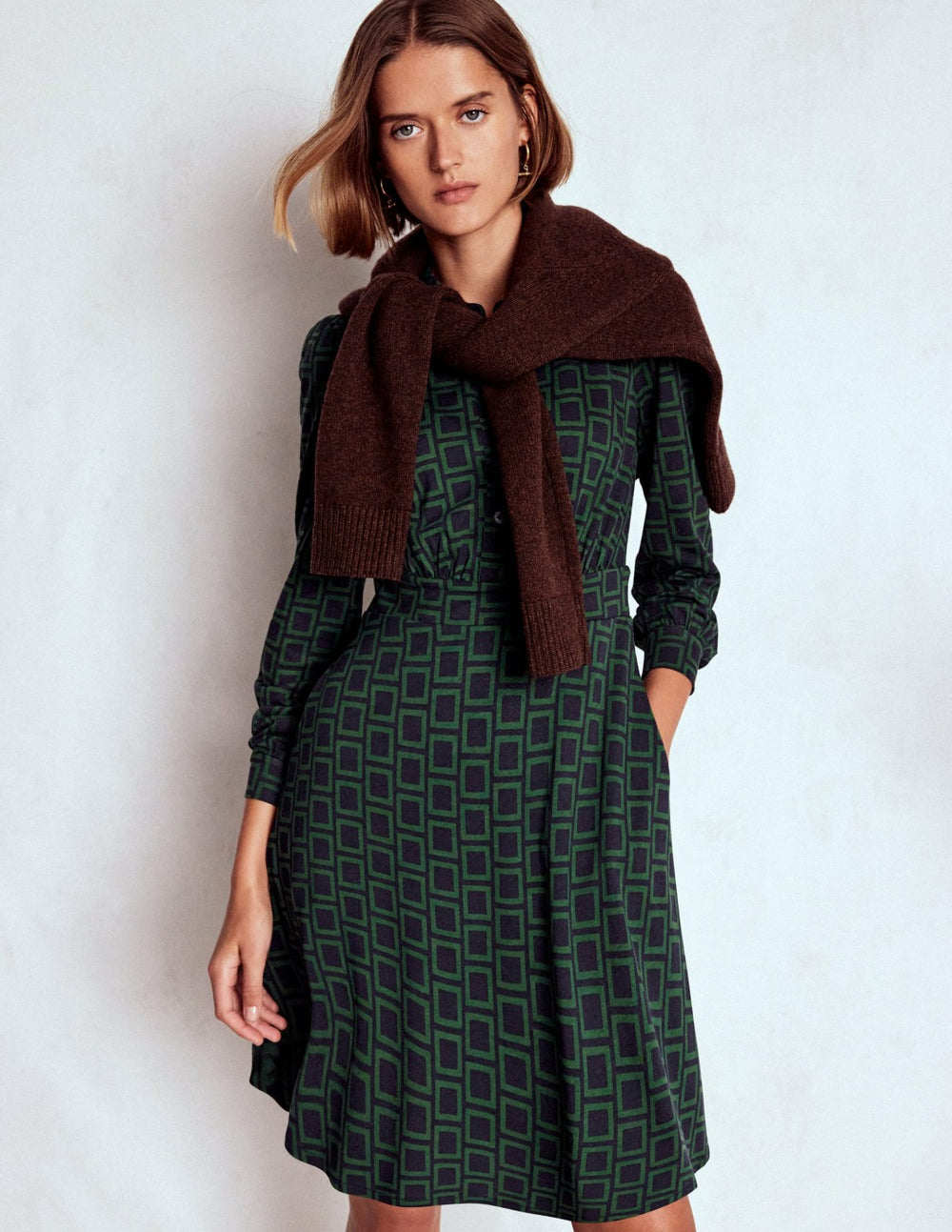 Orla Short Jersey Shirt Dress-Dark Green, Square Geometric / Boden