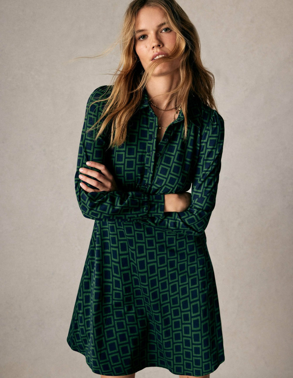 Orla Short Jersey Shirt Dress-Dark Green, Square Geometric / Boden