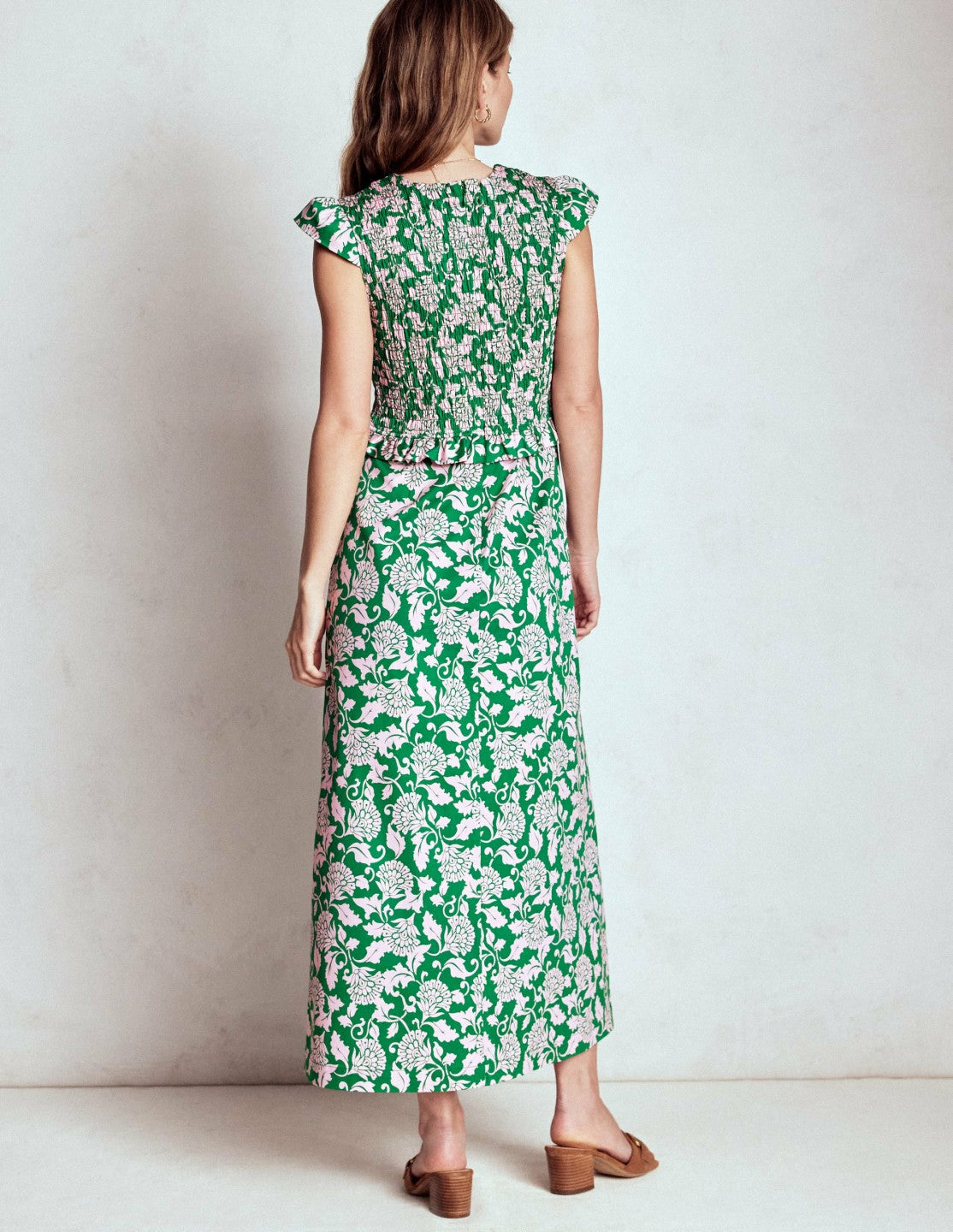 Carolina Smocked Midi Dress-Rich Emerald, Ornate Vine / Boden Outlet