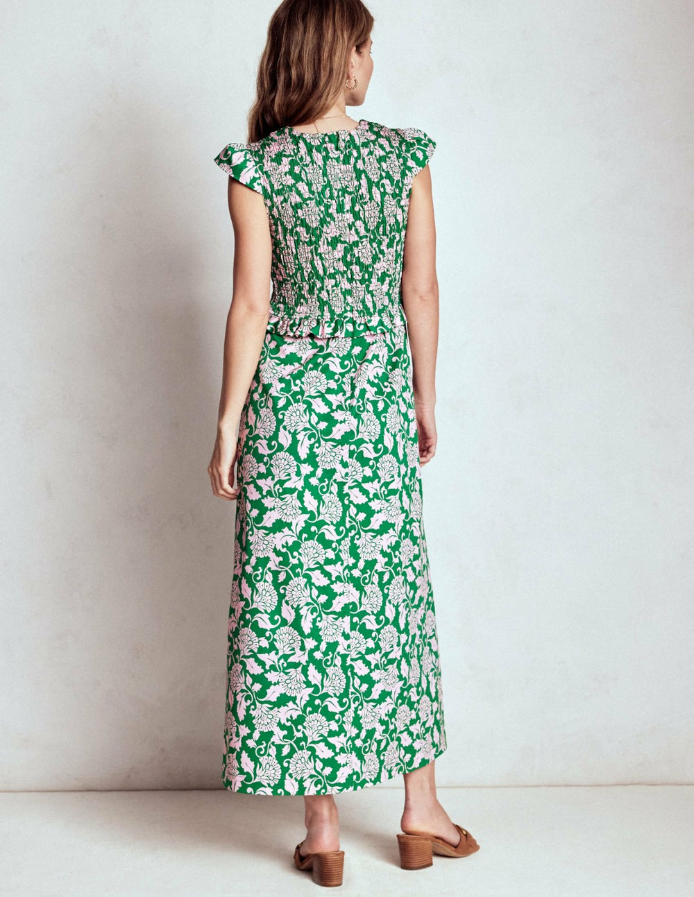 Carolina Smocked Midi Dress-Rich Emerald, Ornate Vine / Boden Outlet