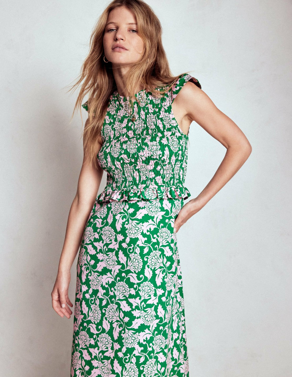 Carolina Smocked Midi Dress-Rich Emerald, Ornate Vine / Boden Outlet