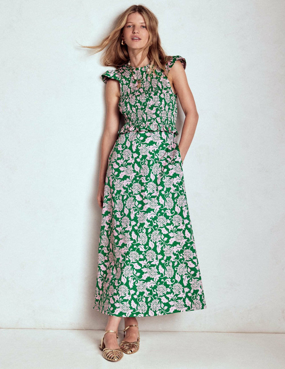 Carolina Smocked Midi Dress-Rich Emerald, Ornate Vine / Boden Outlet