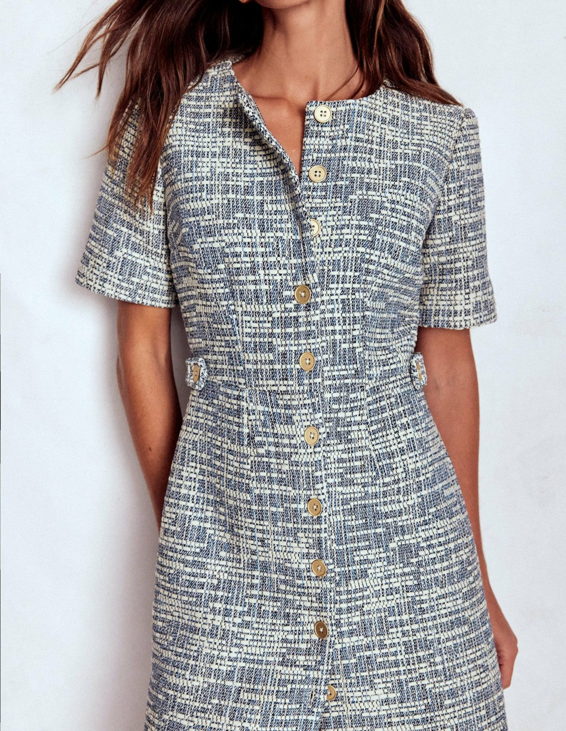 Textured Tab Short Dress-Blue and White Texture / Boden Discount