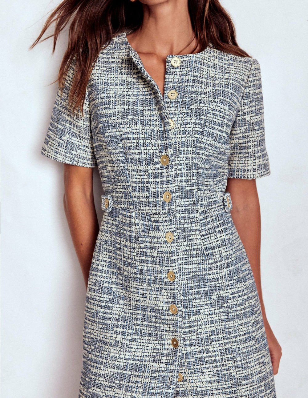 Textured Tab Short Dress-Blue and White Texture / Boden Discount