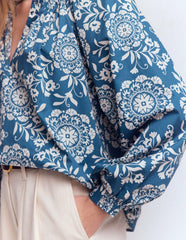 Serena Pleat Neck Top-Blue, Decorative Blossom / Boden