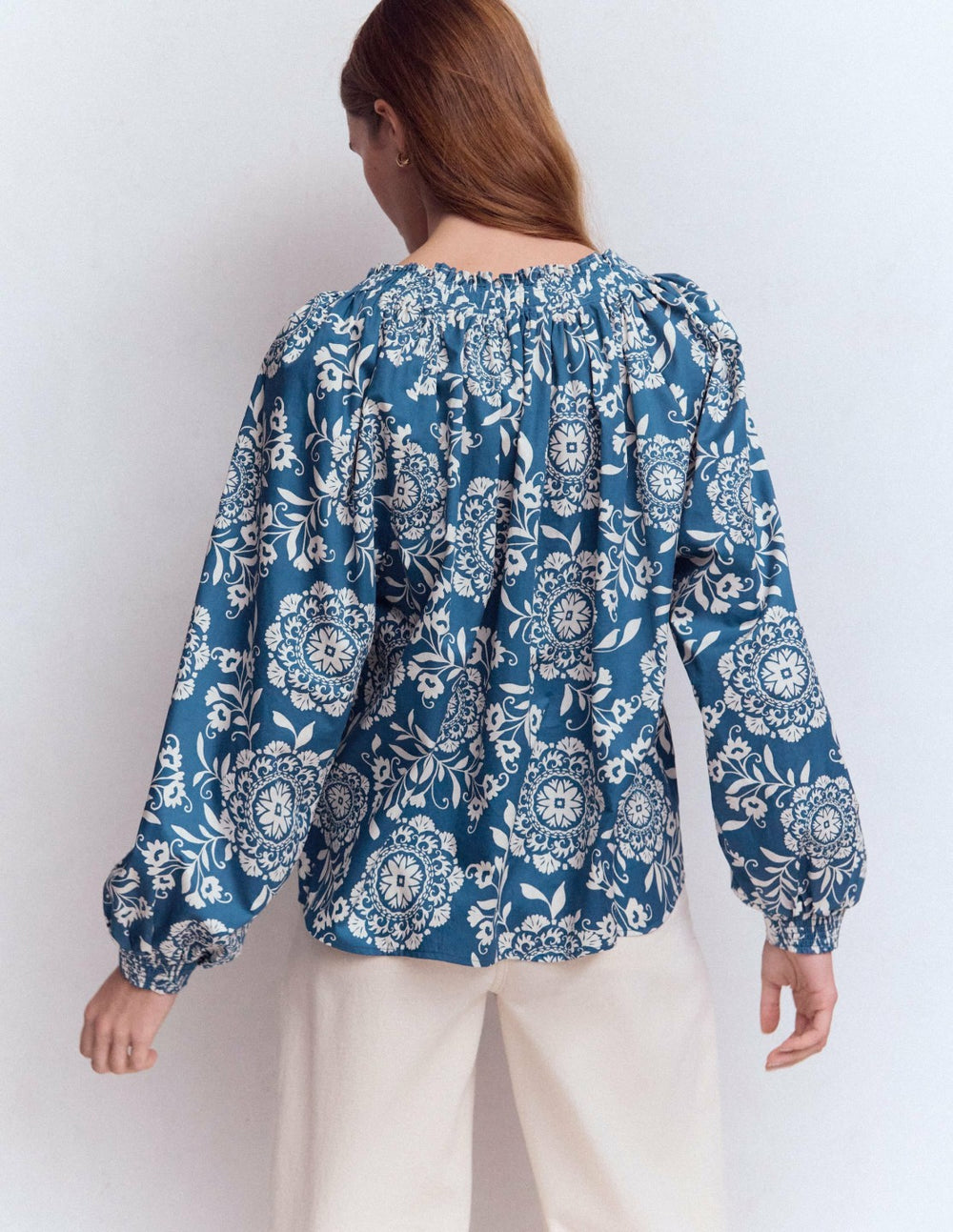 Serena Pleat Neck Top-Blue, Decorative Blossom / Boden