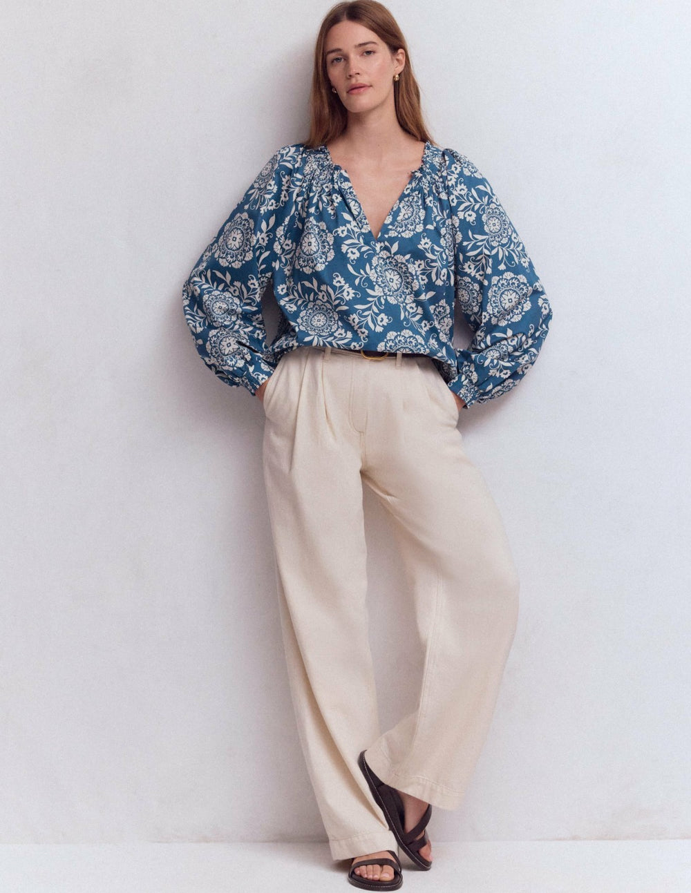 Serena Pleat Neck Top-Blue, Decorative Blossom / Boden