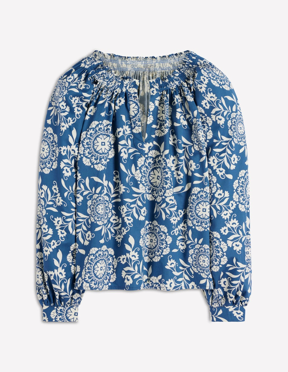 Serena Pleat Neck Top-Blue, Decorative Blossom / Boden