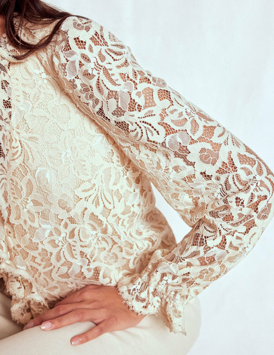 Ruffle Detail Lace Blouse-Ivory / Boden Online
