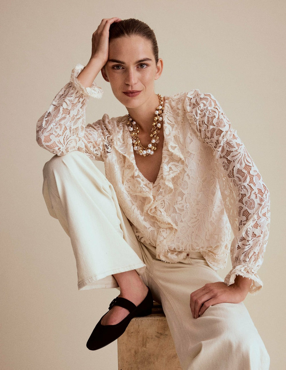 Ruffle Detail Lace Blouse-Ivory / Boden Online