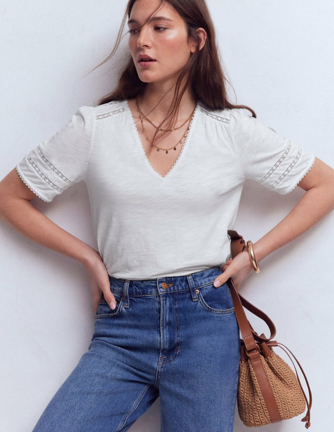 Poppy Trim V Neck T-Shirt-White / Boden Online