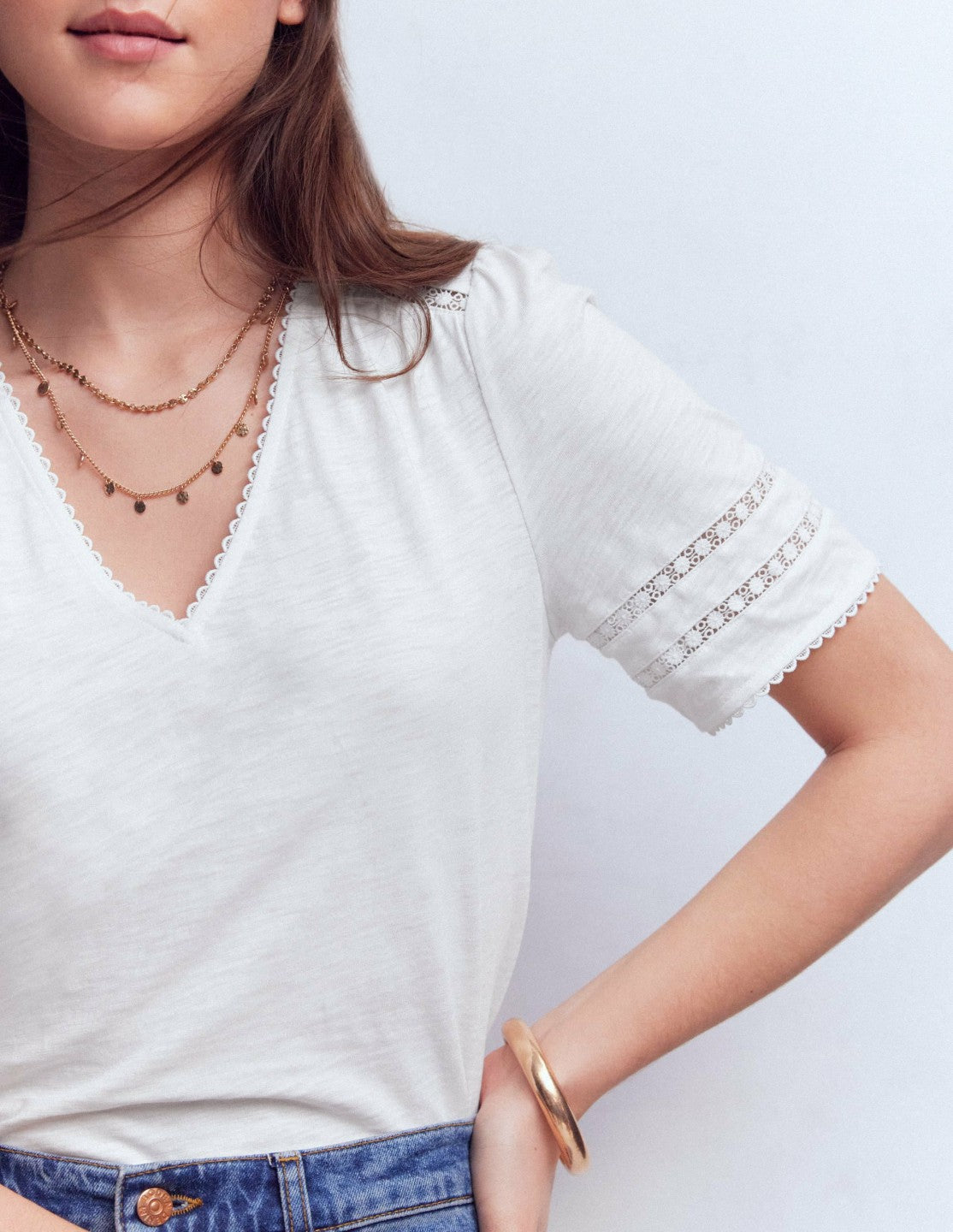Poppy Trim V Neck T-Shirt-White / Boden Online