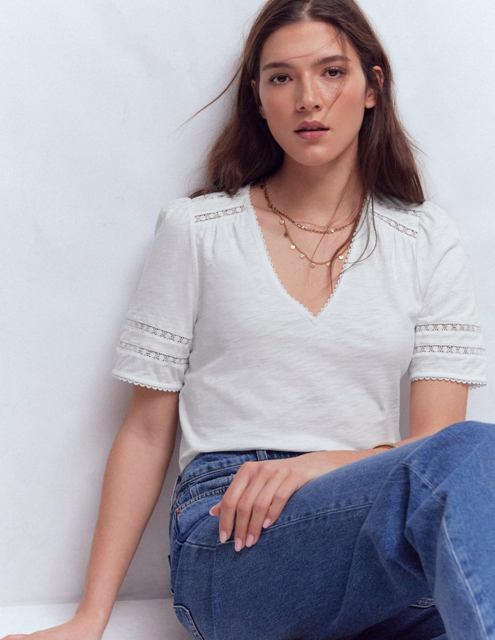 Poppy Trim V Neck T-Shirt-White / Boden Online
