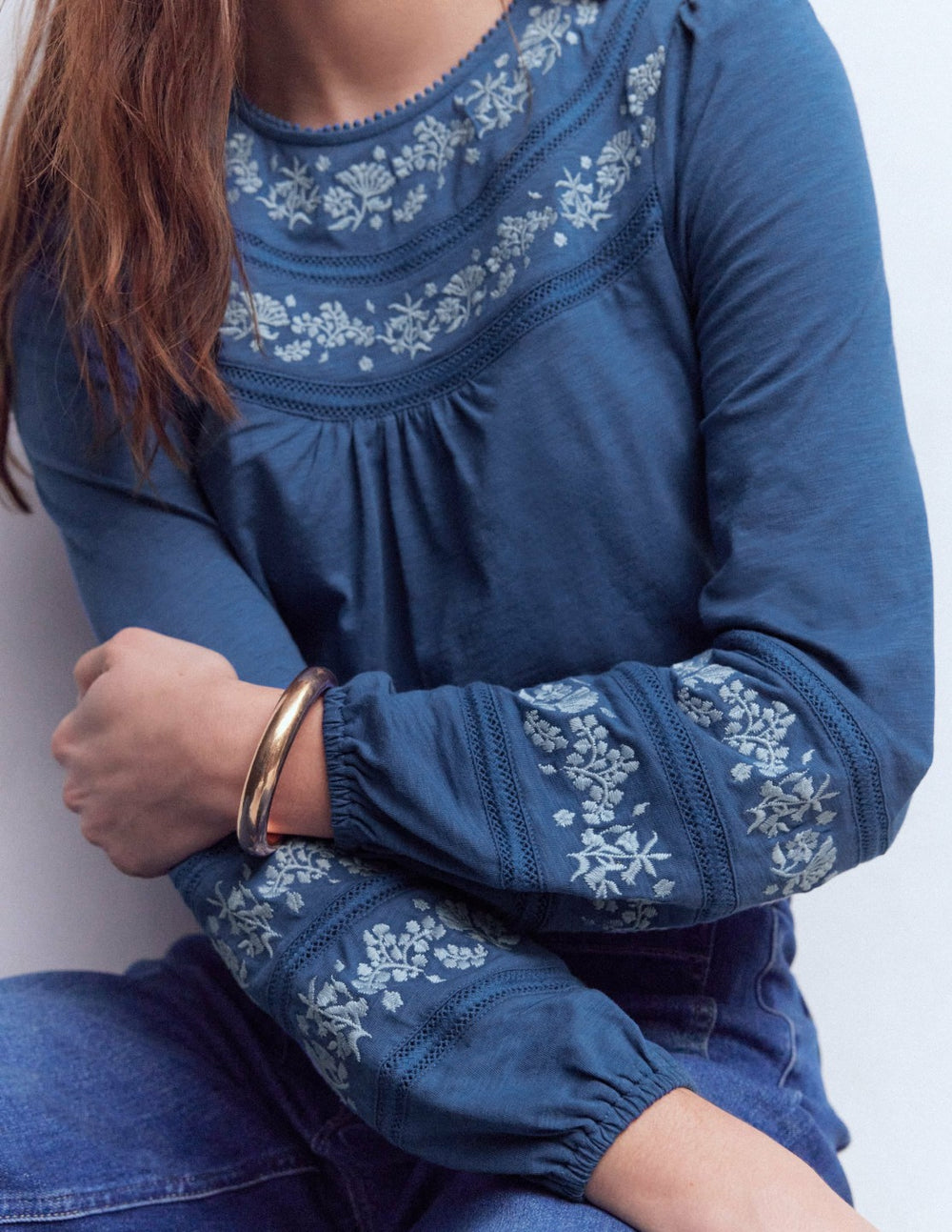 Rosie Embroidered Jersey Top-Denim Blue / Boden Discount