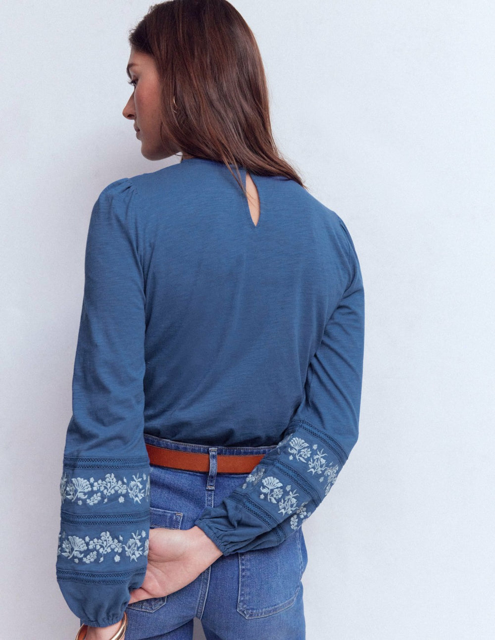 Rosie Embroidered Jersey Top-Denim Blue / Boden Discount