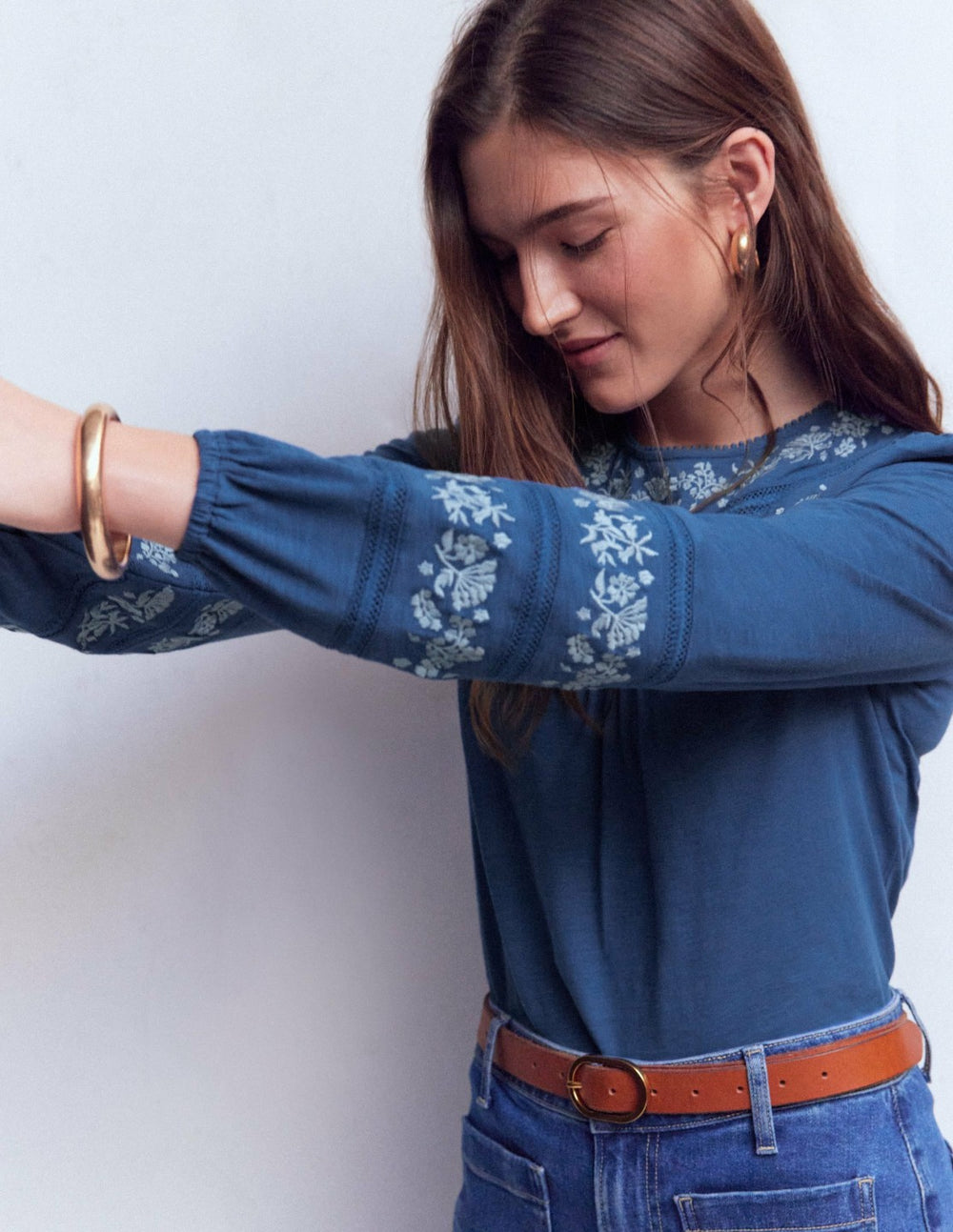 Rosie Embroidered Jersey Top-Denim Blue / Boden Discount