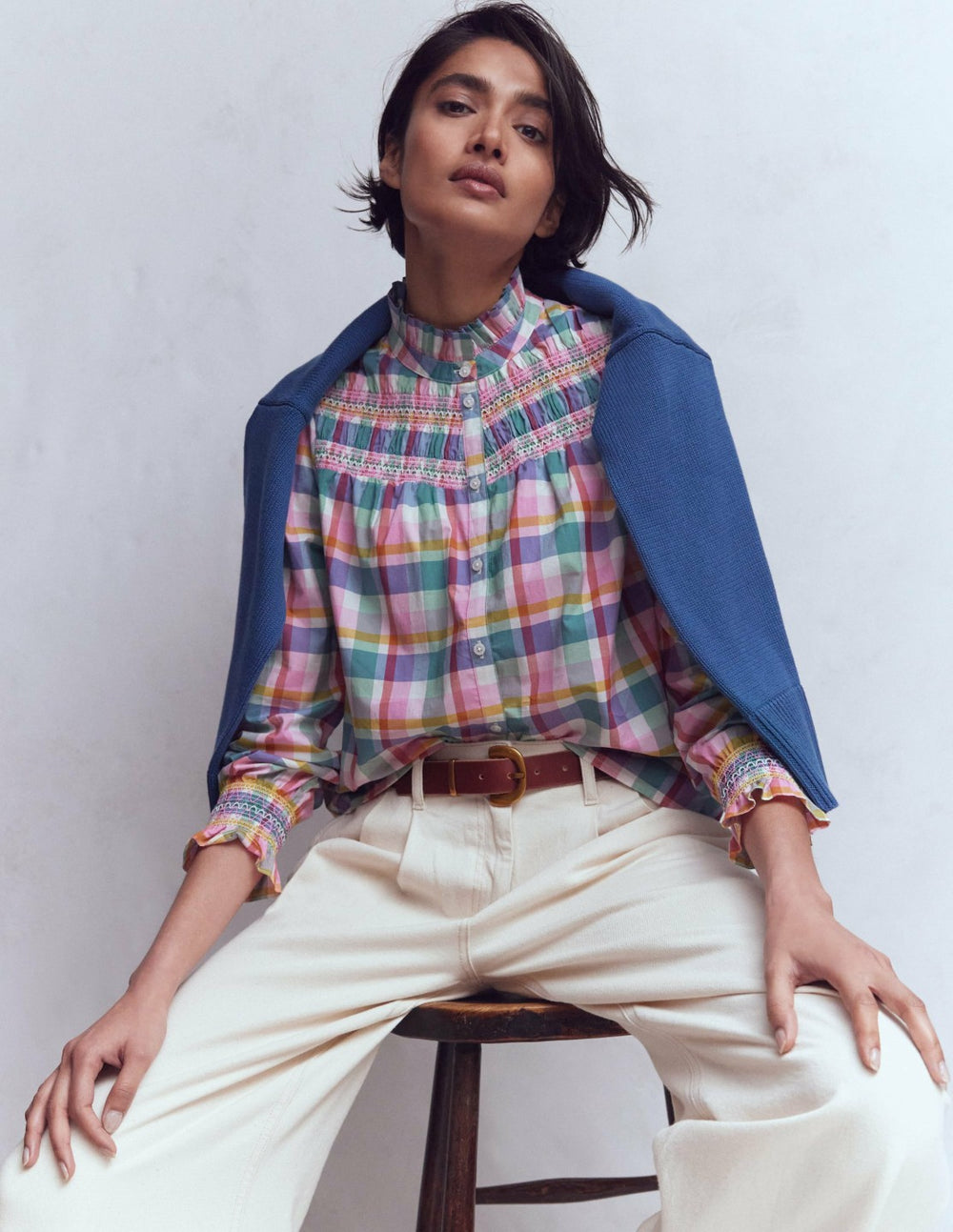 Esme Smocked Detail Frill Top-Multi Check / Boden On sale